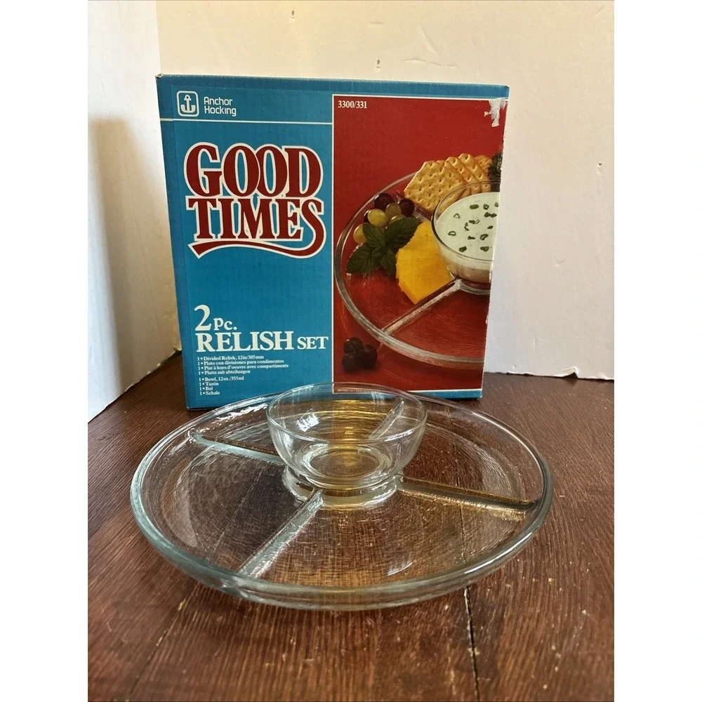 VTG 70's Anchor Hocking Good Times 2pc‎ Glass Relish Dish Chip & Dip Set USA NIB